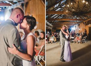 bride and groom first dance in vintage barn