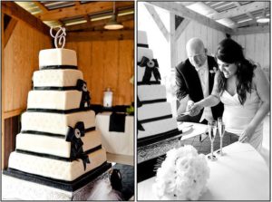 bride and groom cutting vintage wedding cake