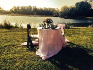 couples table by the lake with pink table cloth